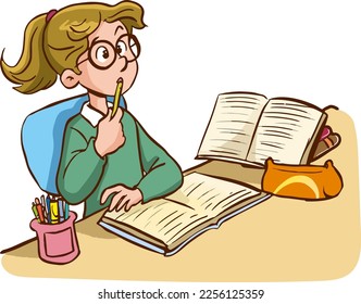 girl studying at desk cartoon vector