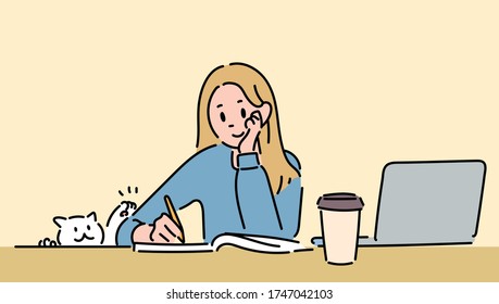 A girl is studying at the desk and a cat is disturbing her. hand drawn style vector design illustrations. 