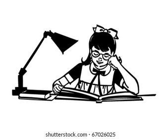 Girl Studying At Desk - Retro Clipart Illustration