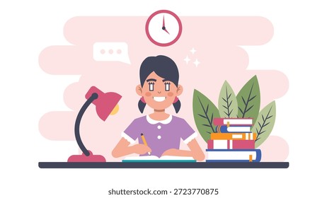 Chica estudiando haciendo la ilustración de Arte vectorial de tarea