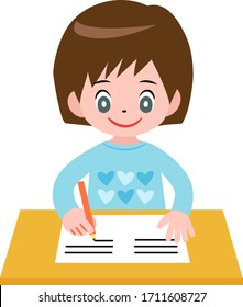 Girl studying and doing school homework holding pencil