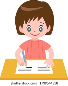 Niña estudiando y haciendo deberes escolares sujetando lápiz