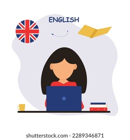 The girl is studying English. The concept of online learning, distance education. Books, laptop, UK flag, foreign language learning, home education, translation. Flat vector illustration eps 10.