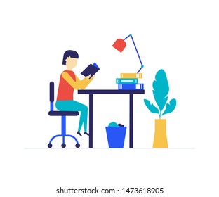 Girl studying - flat design style colorful illustration on white background. A composition with a student sitting at the desk, reading a book, doing homework, learning a lesson. School theme