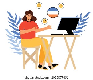 A girl studying a foreign language. Learning a foreign language online. Online school, distance learning. A woman is sitting at a computer. Vector illustration