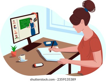 The girl is studying in front of the computer, the lesson is remote. The teacher teaches a lesson remotely. Vector illustration