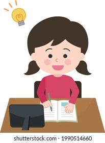 A girl studying happily on her tablet. Vector illustration isolated on white background.