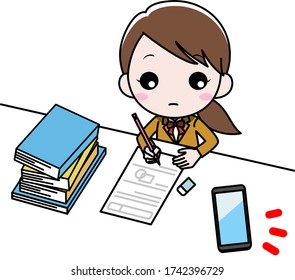 A girl studying at her desk cares about her smartphone.