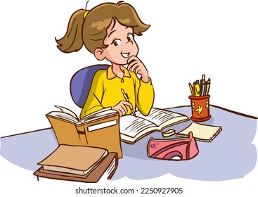 girl studying in her room cartoon vector