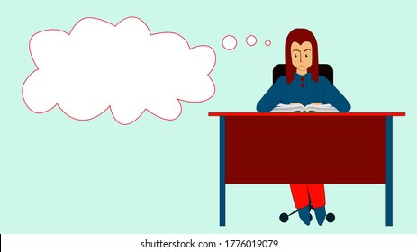 La chica estudiando en casa con una nube de pensamientos. Estudiante mujer pensando en comida, amor, ocio, diversión mientras estudia, leyendo aburrido libro en el escritorio. Espacio de copia