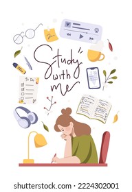 Girl studying at home. Lettering Study with me. Contemporary art, collection with cute hand drawn elements. Lo-fi hip hop girl. Flat vector illustration