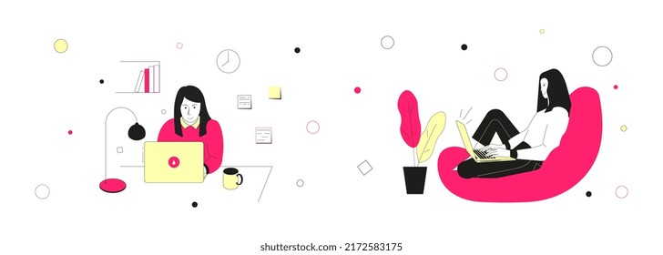 Girl studying at home online at the laptop. Online education landing page template. Student taking online courses flat vector illustration.	