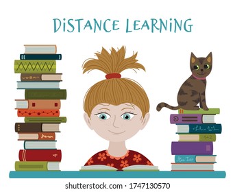 The girl is studying at home. A schoolgirl is reading books at a distance learning center. Vector illustration concept coronavirus COVID-19. Stay at home