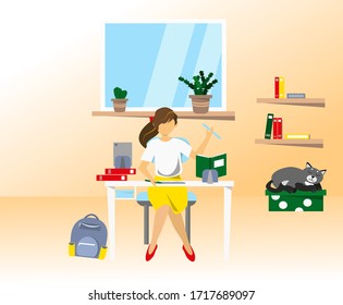 Girl studying at home with tablet computer nd books. Online education. Vector illustration 