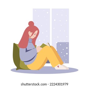 Muchacha estudiando en casa. Mujer leyendo un libro cerca de la ventana, estética de invierno. Ilustración vectorial plana