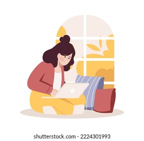Girl studying at home. Woman working on laptop. Cozy workplace near the window, autumn aesthetics. Flat vector illustration