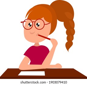 Girl studying, illustration, vector on a white background.
