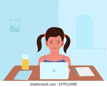 Girl studying with laptop and books, Online education concept vector illustration in flat style