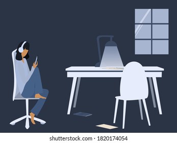 Girl studying late at night. Communication online. Notebook and lamp on the table. Book and sheet of paper on the floor. Flat vector illustration. 