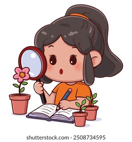 Menina estudando com lupa e flor no pote	