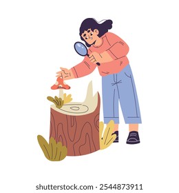 Girl Studying Mushroom Plant with Magnifier Exploring Nature Vector Illustration