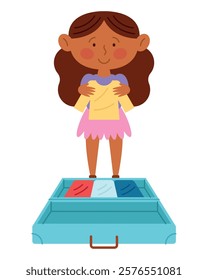 Girl studying near packed suitcase