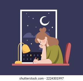 Girl studying at night. Woman working at home. Lo-fi hip hop girl. Flat vector illustration