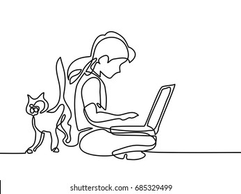 Girl studying with notebook and cat walking near. Back to school concept. Continuous line drawing. Vector illustration on white background