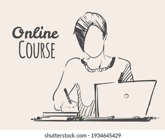 Girl studying on an online course, sketch illustration