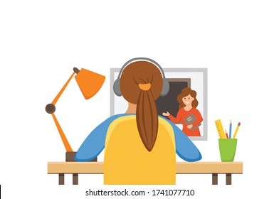 Girl studying online education at home cartoon vector illustration. Student workplace desktop computer doing homework; surfing internet; e-learning; school lesson concept. Pupil kid learning process