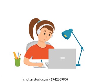 Girl studying online education at home cartoon vector illustration. Student workplace desktop computer doing homework; surfing internet; e-learning; school lesson concept. Pupil kid learning process