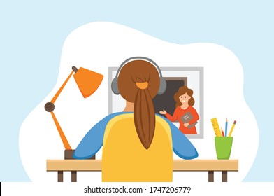 Girl studying online education at home cartoon vector illustration. Student workplace desktop computer doing homework; surfing internet; e-learning; school lesson concept. Pupil kid learning process