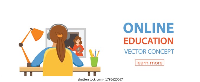 Girl studying online education at home cartoon vector illustration. Student workplace desktop computer doing homework surfing internet e-learning school lesson concept. Pupil kid learning process