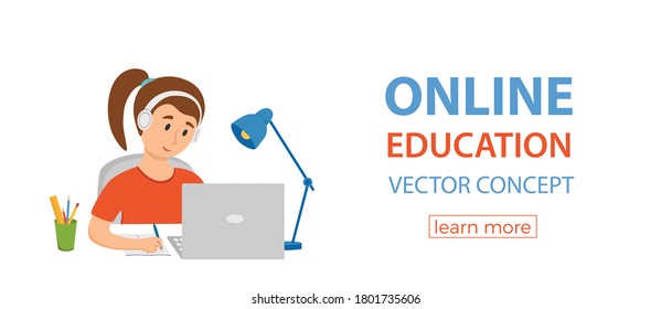 Girl studying online education at home cartoon vector illustration. Student workplace desktop computer doing homework surfing internet e-learning school lesson concept. Pupil kid learning process