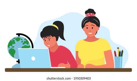 Girl studying online education at home cartoon vector illustration. Student workplace desktop computer doing homework surfing internet e-learning school lesson concept. Pupil kid learning process
