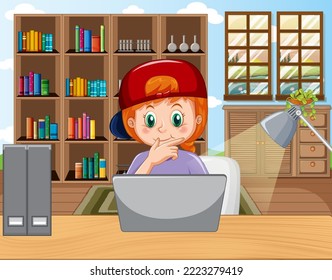 A girl studying online at home illustration