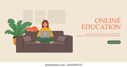 Girl studying online at home with laptop and cat distance learning concept. Online learning courses. Presentation slide template or landing page design. Business concept illustrations. Modern flat sty