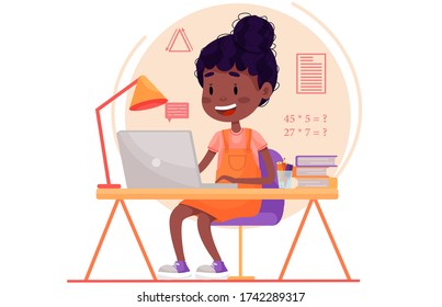 Girl is studying online with the laptop by the table at home. Vector flat illustration for websites on white isolated background. Quarantine stay home pandemic