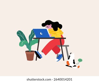 Girl studying online with laptop. Vector illustration