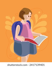 girl studying with an open book and background decoration, vector illustration and flat colors