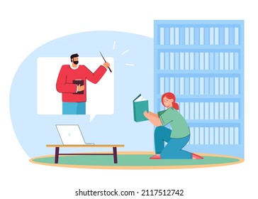 Girl studying remotely during pandemic flat vector illustration. Pupil reading, having classes using laptop. Online education, video conference concept for banner, website design or landing web page