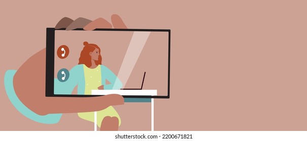 Mädchen, die an Schulen online oder eLearning studieren, flache Vektorgrafik mit Telefonbildschirm oder Vorlage für Kopienraum für Design