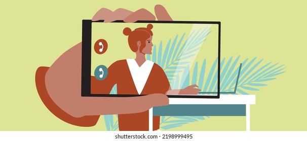 Girl studying at school remotely, flat vector stock illustration with electronic education online via smartphone