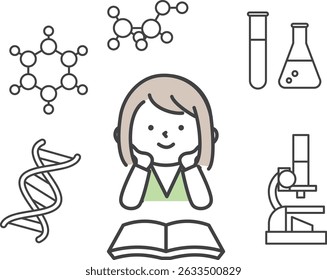 Girl Studying Science. Cute and Simple Illustration of a Child Learning STEM.