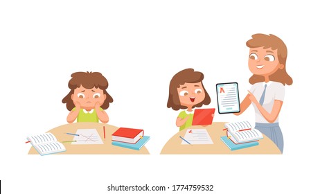 Girl studying. Self education, teacher helps student. Individual training, problems with learning material vector illustration