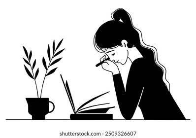 Girl Studying Silhouette. Flat Vector Illustration