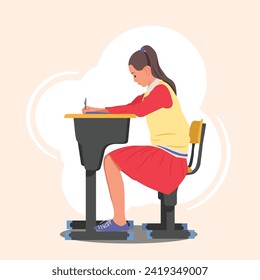 The girl is studying. A student at her desk writes her homework. Back to school. Studying at the table. Flat vector illustration.