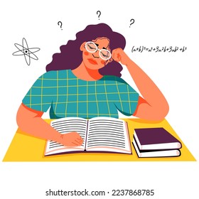 Girl studying. Student reading a book. Tired of preparing for exams. Sitting at the table. Vector illustration