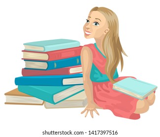The girl is studying, a student reads books, a library at home, a workplace, and literature. Vector cartoon flat illustration with a character.