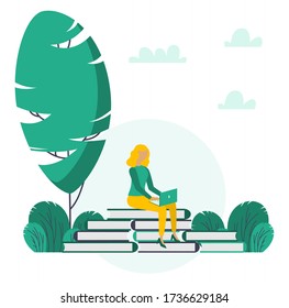 Girl studying using books and laptop, vector